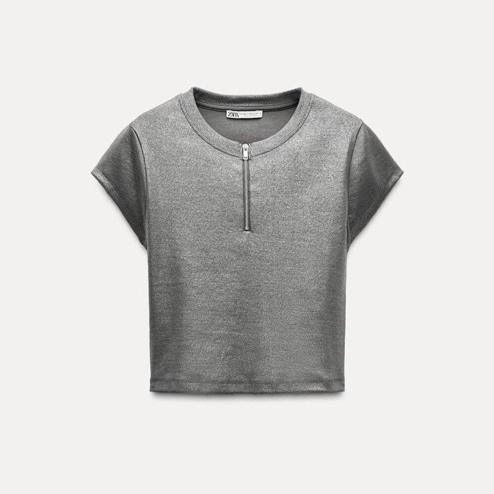 ZARA SILVER CROPPED TSHIRT WITH ZIPPER